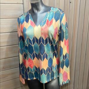 Graphic Blue and Pink Blouse with Long Sleeves